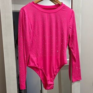 Hot pink rhinestone bodysuit. 

Never Worn. Size Large